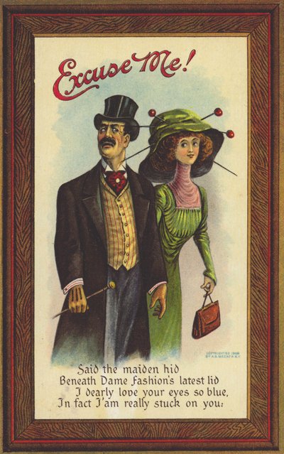 Pocztówka satyryczna na modę i niebezpieczeństwa związane z dużymi kapeluszami i długimi spinkami do włosów autorstwa American School